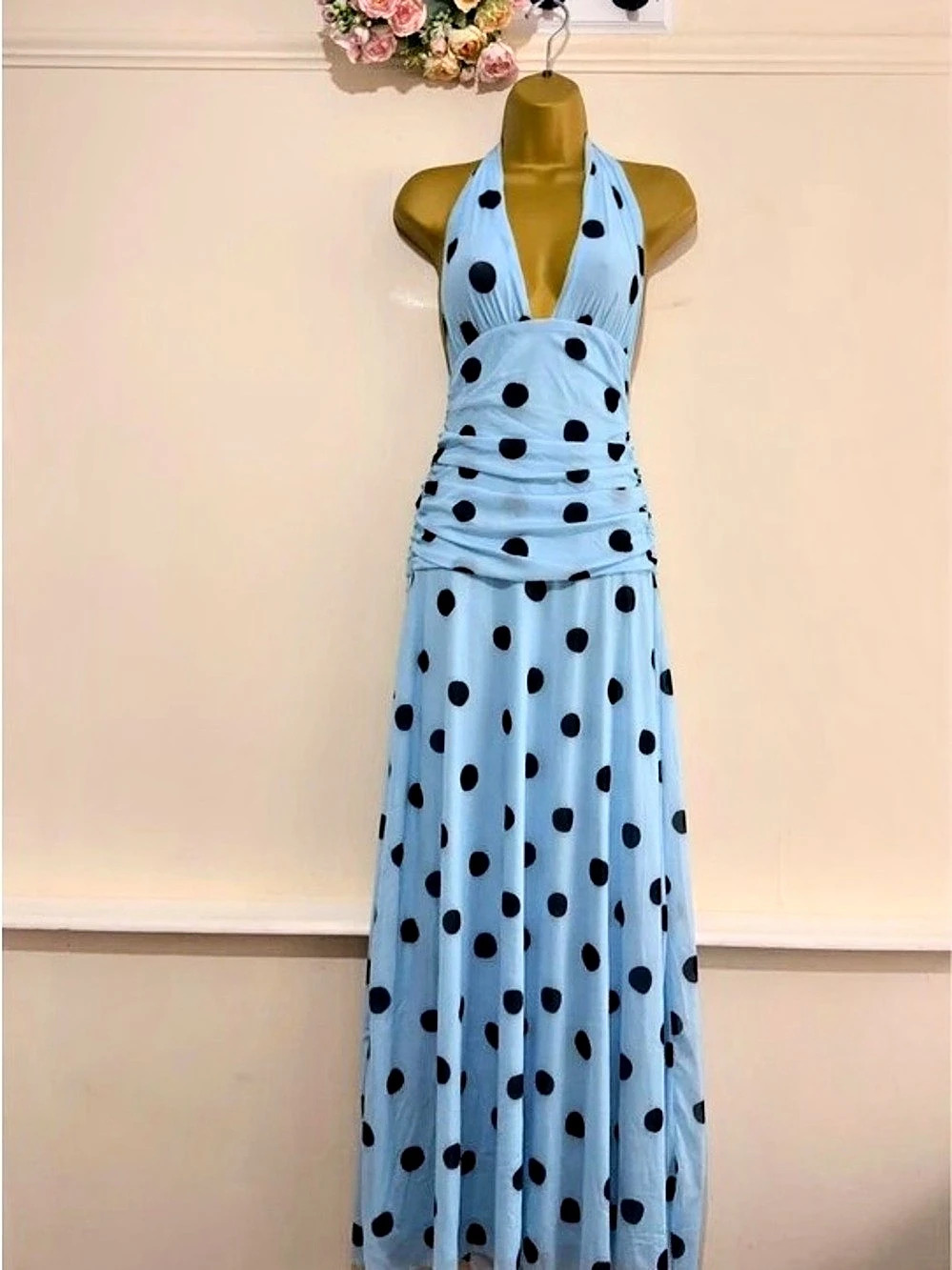 Polka Dot Halter Maxi Dress in Blue & Black